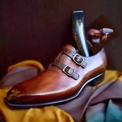 Bespoke Handmade Men's Brown Cowhide Leather Double Monk Dress And Casual Shoes • $199.91