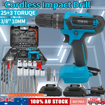 18V Cordless Drill + 2 Battery Heavy Duty Impact Driver Kit Brushless Hammer Set • $15.99