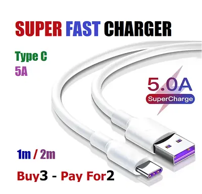 USB Type C Charging Cable SUPER FAST 5A Phone Charger Type-C Sync Lead 1m Or 2m • £2.99