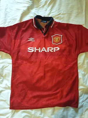 £55 • Buy Manchester United Vintage Sharp 1995-96 Mark Hughes Home Kit Football Shirt