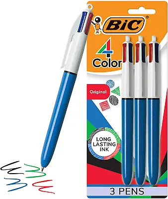 BIC 4-Color Ball Pen Medium Point 1.0mm Assorted Ink 3-Count • $9.99