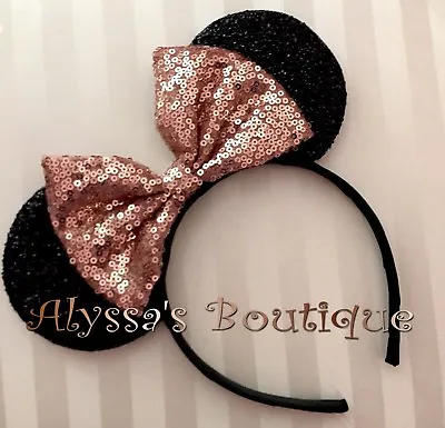 Minnie Mouse Ears Headband Shiny Black With Rose Gold Bow Birthday Party Favors • $9.95