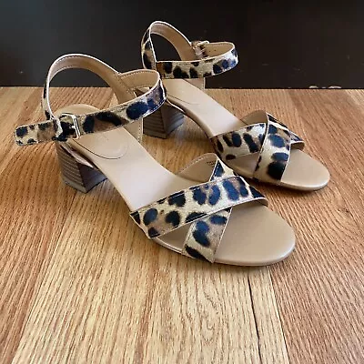 J Crew Leopard Calf Hair Low Block-Heel Sandals Open Toe Size 7 • $19.99