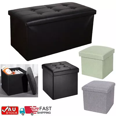 Folding Ottoman Storage Blanket Box Seat Faux Leather Linen Toy Foot Stool Large • $33.29