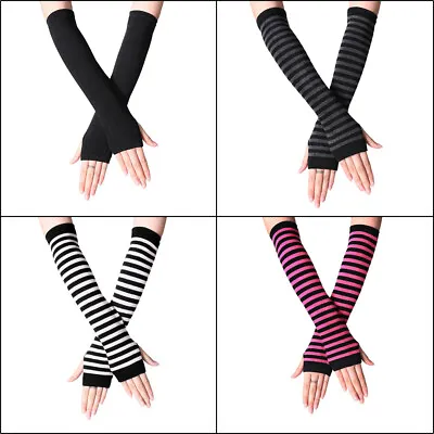 Women Girl Mittens Sun Proof Striped Knitted Fingerless Thumb Gloves Arm Warmers • $5.61