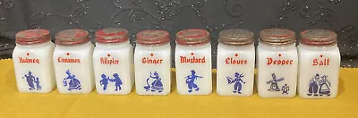 $55 • Buy 8 Piece Dutch Motif Milk Glass 1940’s Spice Jars With Lids