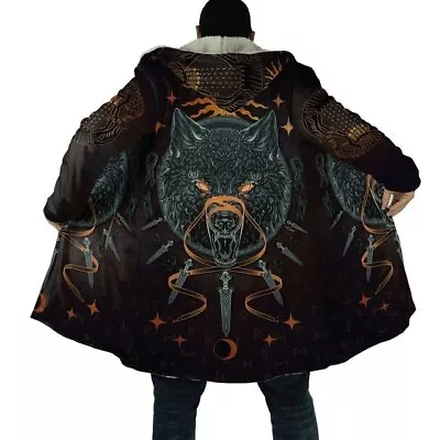 Sherpa Lined Viking Fenrir Wolf Odin Raven Tattoo Jacket Hooded Cloak - AU Stock • $81.07