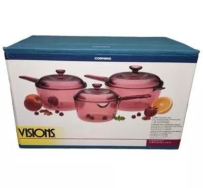 NEW!! Vtg VISIONS Cranberry Corning Ware Glass Cookware 3 Saucepan 1 1.5 2.5 QT • $349.95