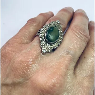 Vintage Sterling Silver Oval Green Turquoise Mexico Wide Long Face Ring Statemen • $23