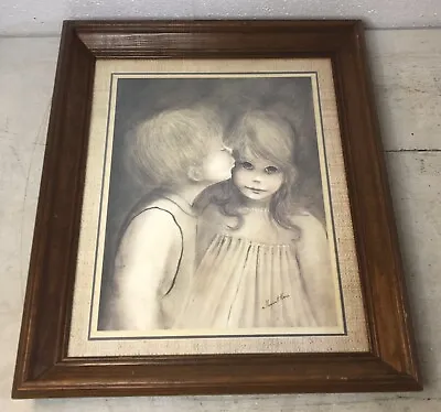 Vintage A Little Kiss Framed Print Margaret Kane Boy Kissing Girl MCM Big Eyes • $22.45