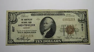 $10 1929 Montpelier Vermont VT National Currency Bank Note Bill Ch. #857 RARE! • $208.99