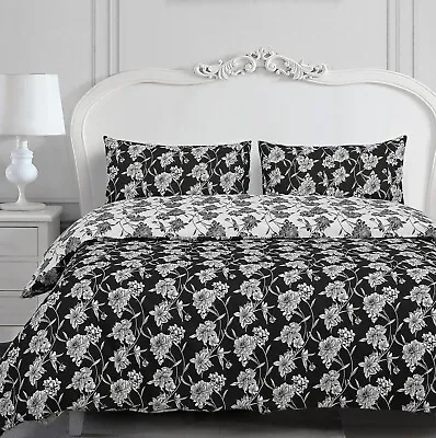 Modern Reversible Floral Damask Duvet Cover Pillowcase Bedding Set Soft Black • £8.99