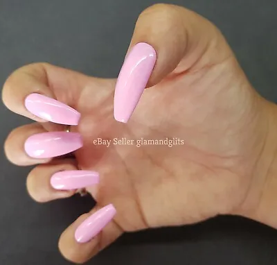 24 Painted Gel Press On False Nails Bright Baby Pink Coffin Stiletto Square Oval • £5.99