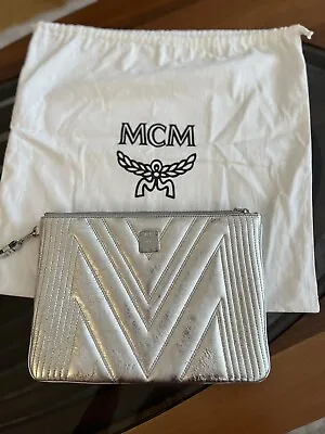 MCM LOGO Silver LEATHER MEDIUM PURSE WRISTLET POUCH • $180