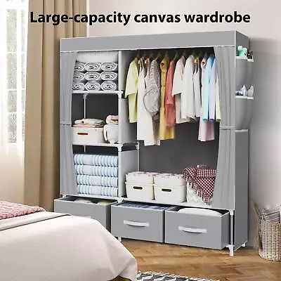 Fabric Canvas Wardrobe Cupboard Clothes Storage W/ Hanging Rail Storage Shelves • £27.99