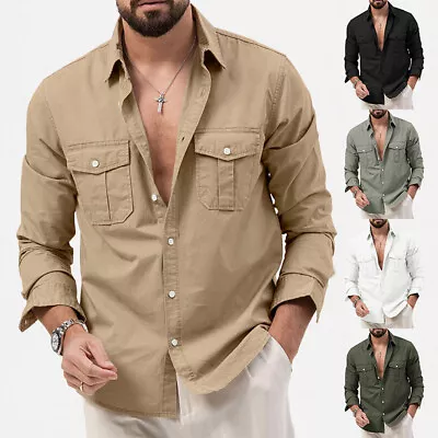 Men Cargo Shirt Solid Long Sleeve Tops Soft Casual Militar Tactical Shirts • £13.75