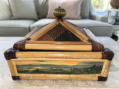 Vintage MacKenzie-Childs Vivaldi Rattan Bamboo Leather Landscape Lidded Box Ret. • $350
