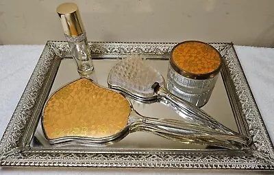 Vintage Vanity Set W/Mirrored Tray Hair Brush Mirror Trinket Dish • $14.99