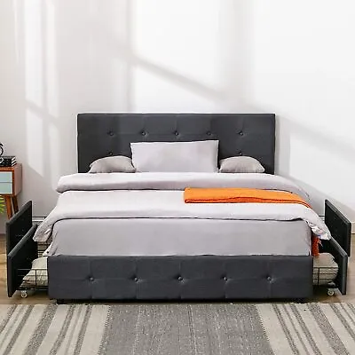 $265.99 • Buy Queen Platform Bed Frame With 4 Storage Drawers & Adjustable Headboard, Grey