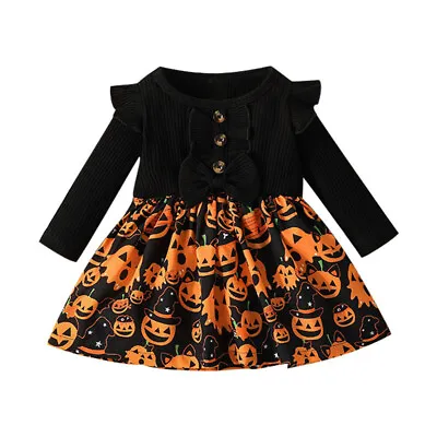 Baby Girls Halloween Pumpkin Costume A-Line Dress Cosplay Party Carnival Outfits • £8.09