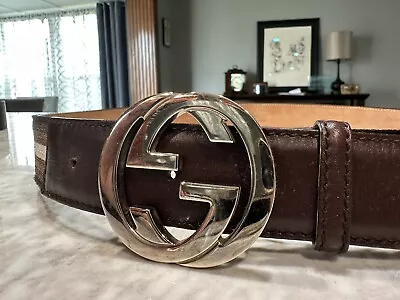 GUCCI Interlocking G Belt Canvas Leather Brown Men RETRO STRIPE FABRIC 100/40 • $170