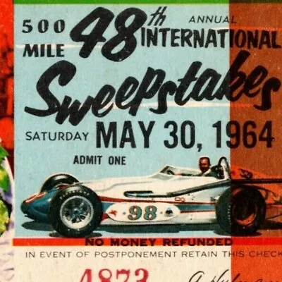  Indy 500 1964 Ticket Stub -  500 Mile Intl. Sweepstakes  $2 Adm.  • $44.99