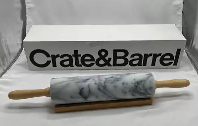 Crate & Barrel 18  White Marble Rolling Pin With Wood Base 141-348 New In Box • $29.99