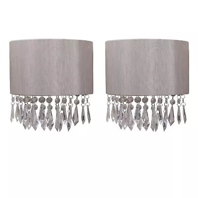 Set Of 2 Jewelled Silver Grey Fabric Wall Lights With Clear Crystal Style String • £27.99