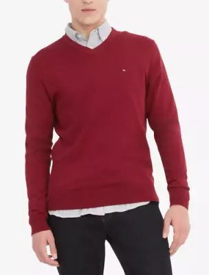 Tommy Hilfiger Men's Signature Solid V-Neck Sweater Rouge Red Small • $18.23