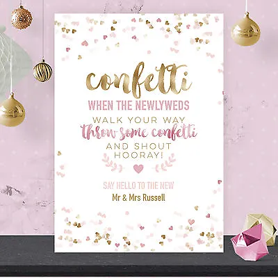 £4.75 • Buy Personalised Wedding Confetti Basket Sign Poster Pink Hearts & Gold Effect GFP11