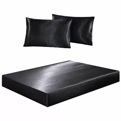 Satin Silk Bed Fitted Sheet Bedding Sheets Deep Pocket Smooth Various Colors • $21.99