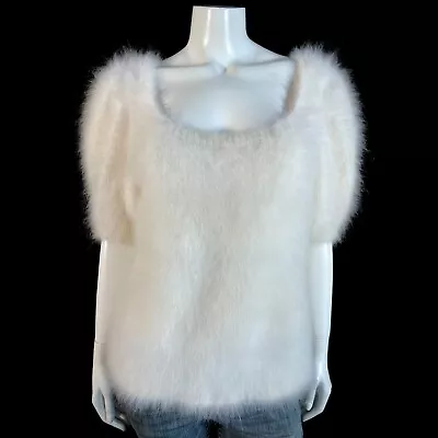 100% Angora Fuzzy Hand-Knit White OOAK Scoop-Neck Short-Sleeve Sweater 38  Bust • $549.99