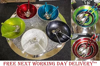 Enamel Aluminium Salad Bowl With Servers Red Green Blue Graphite Silver Rainbow • £34.95