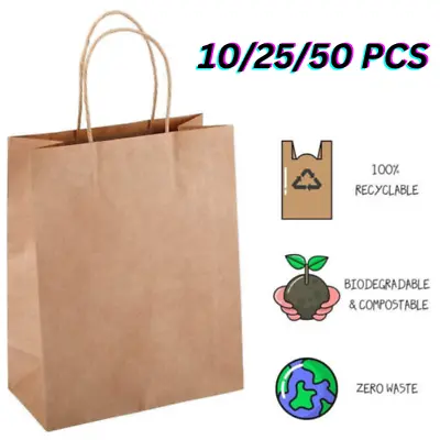 Kraft Paper Bags SoS Food Takeaway Carrier Grocery Bag With Handles Gift Party • £7.99