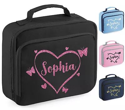 Girls Personalised Glitter Heart School Lunch Bag Dinner Box • £10.45