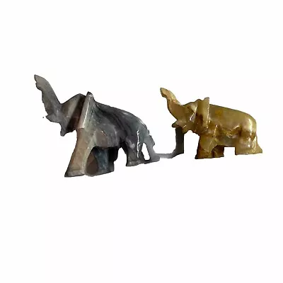2 Miniature Hand Carved  Stone Elephant Figurine Raised Trunk • $12