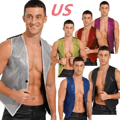 US Mens Shiny Sequins Vest Tuxedo Waistcoat Jacket Wedding Party Nightclub Tops • $13.94