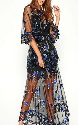 $145 • Buy Alice Mccall Marigold Black/blue Embroidered Dress Sheer Size 10