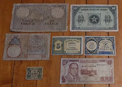 1942-1970 MOROCCO Vintage 7 Note Collection Lot 20 10 5 1 Francs WWII WW2 Money • $59.99