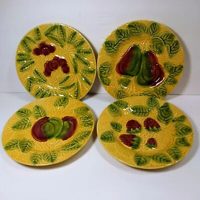 4 Bordallo Pinheiro Portugal Majolica Salad Plates Raised Fruits Yellow Base • $69