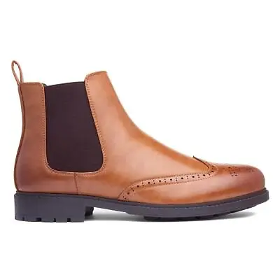 Beckett Mens Boots Tan Brogue Slip On Brogue Chelsea Edison Shoezone SIZE • £19.99