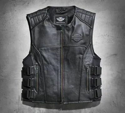 Men Swat II Genuine Leather Vest Zippered Biker Cafe Racer Black Harley-Davidson • £34.68