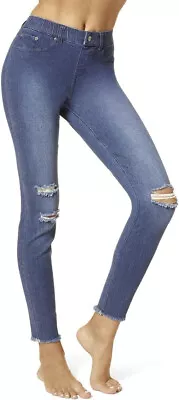 Hue Ripped Knee Denim Leggings - Ink Wash Blue - Size MLXL • $23.95