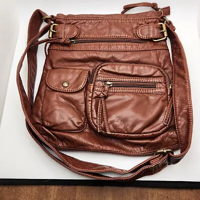 Scarleton Ultra Soft Brown Leather Multi Pocket Crossbody Handbag Brass • $25