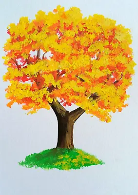 Oak Tree Painting Yellow Tree Of Life Artwork Ukrainian Original Kids Art 8.5x6  • $17