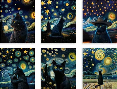 🐈‍⬛Van Gogh's  Starry Night  6pc Set- Oil Painting W/Silly Black Cat & Family • $65.79