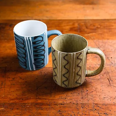 Pair Vintage MCM Japan Striped Stoneware Glazed Pottery Coffee Mugs Cups • $23