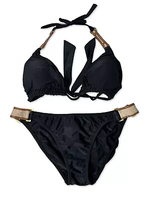 NWT Vix Paula Hermanny Tri Halter Black Bikini Canvas Leather Straps Size Large • $34