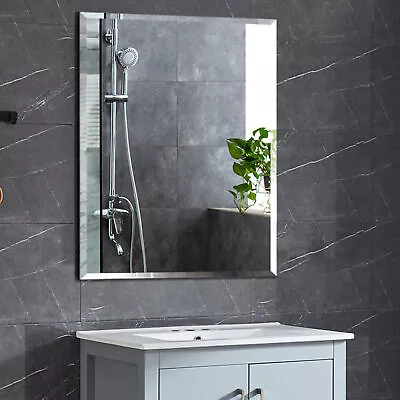 70X50cm Large Wall Mounted Bathroom Mirror Beveled Edge Frameless Glass Vanity • £18.95