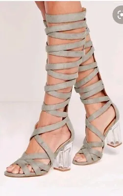 £20 • Buy Missguided Perspex Heel Knee High Strappy Gladiators Grey Shoe *SIZE 7*